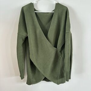 Womens Dark Forest Green Criss Cross Wrap Sweater Medium Cotton Blend Heavy Knit
